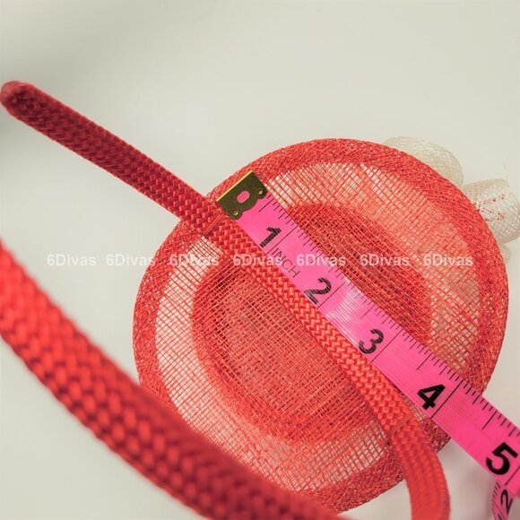 Red Top Hat Fascinator with Cream colored Feathers and Rosettes on Headband - Picture 13 of 14